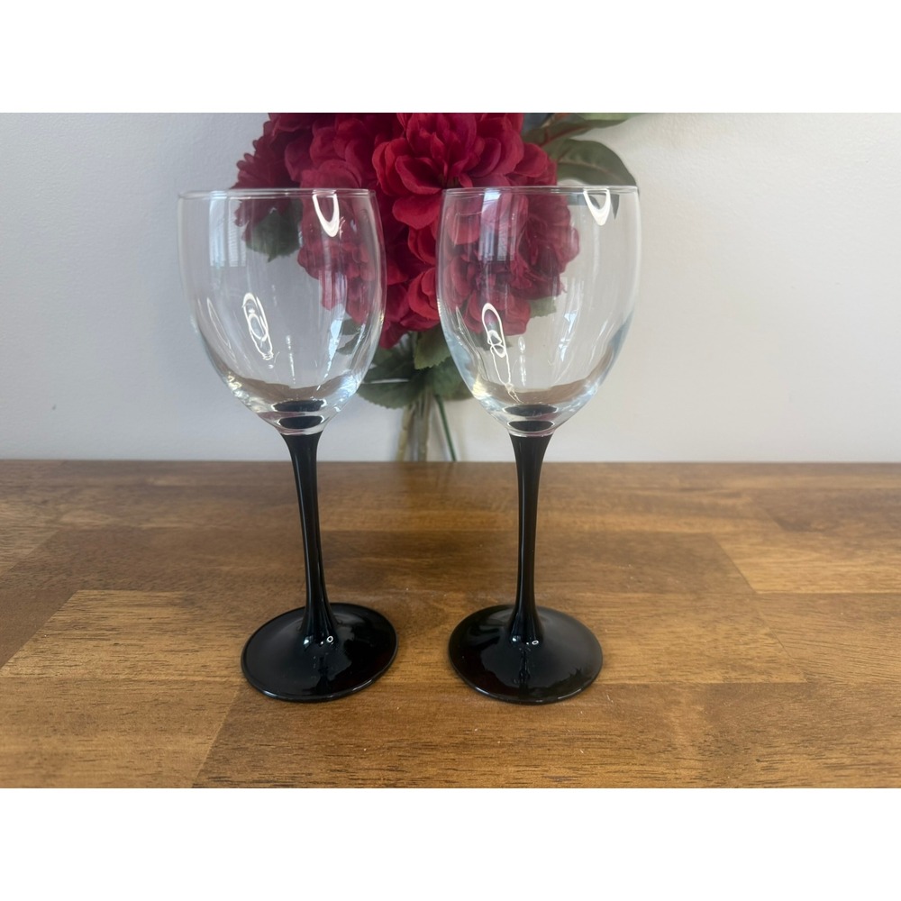 Luminarc France Black Stem Wine Glasses Set Vintage Barware French Glass Pair